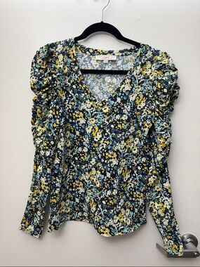 LOFT Multi Floral Puff-Sleeve V-Neck Top in Yellow and Blue